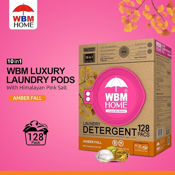 WBM Home Laundry Detergent Pods, Total 128 Count | Amber Fall Fragrance | 10 in 1 Laundry pods Detergent Ultra Power Cleaning with Plant-Based Scent, Extra Protection With 4D Stain Remover