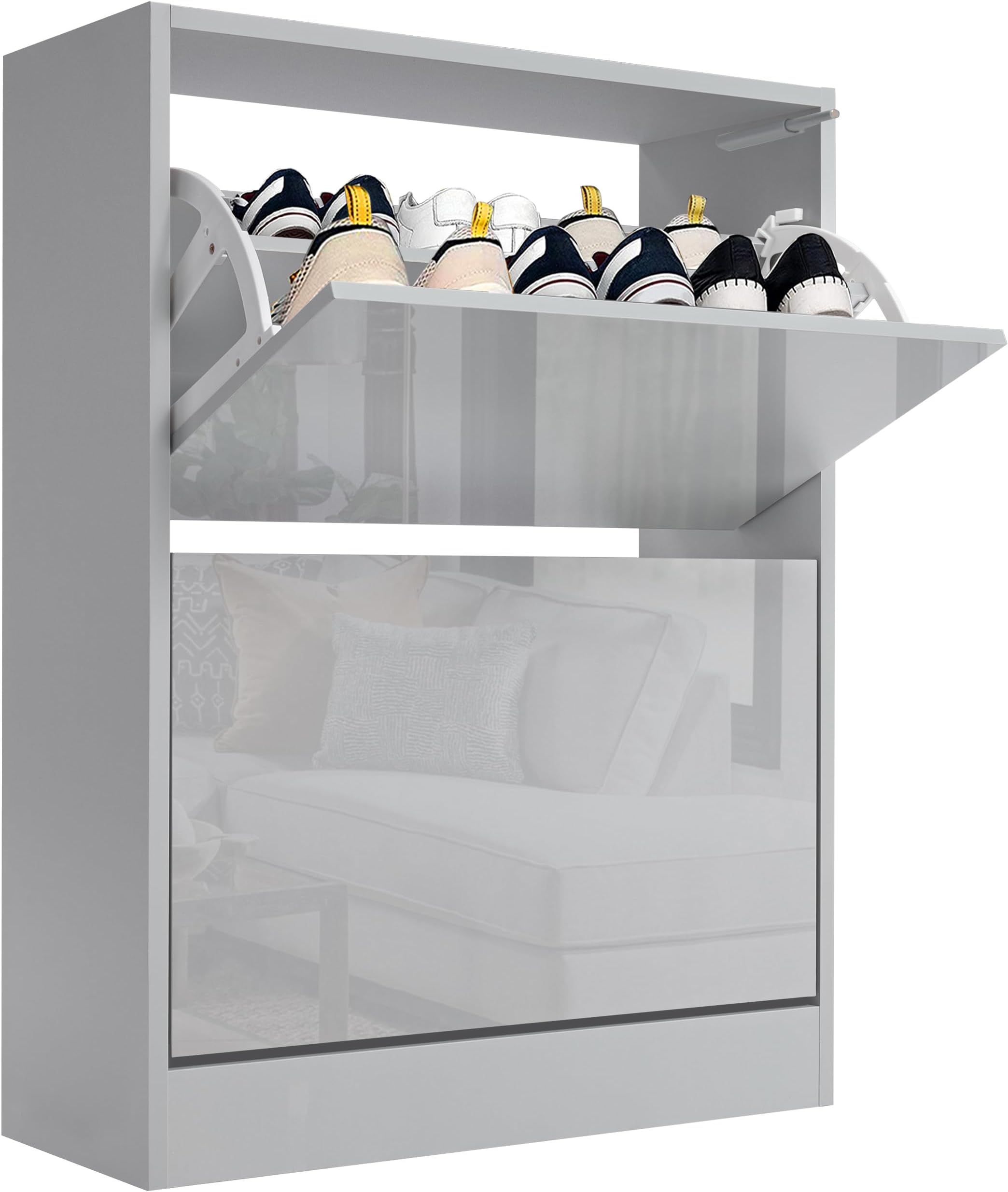 Blisswood High Gloss 2 Drawer Shoe Cabinet Cupboard, Shoe Storage Organiser Freestanding 2 Tier Wooden Shoes Rack Cabinet Modern Footwear Stand For Hallway, Living Room Furniture (Light Grey)