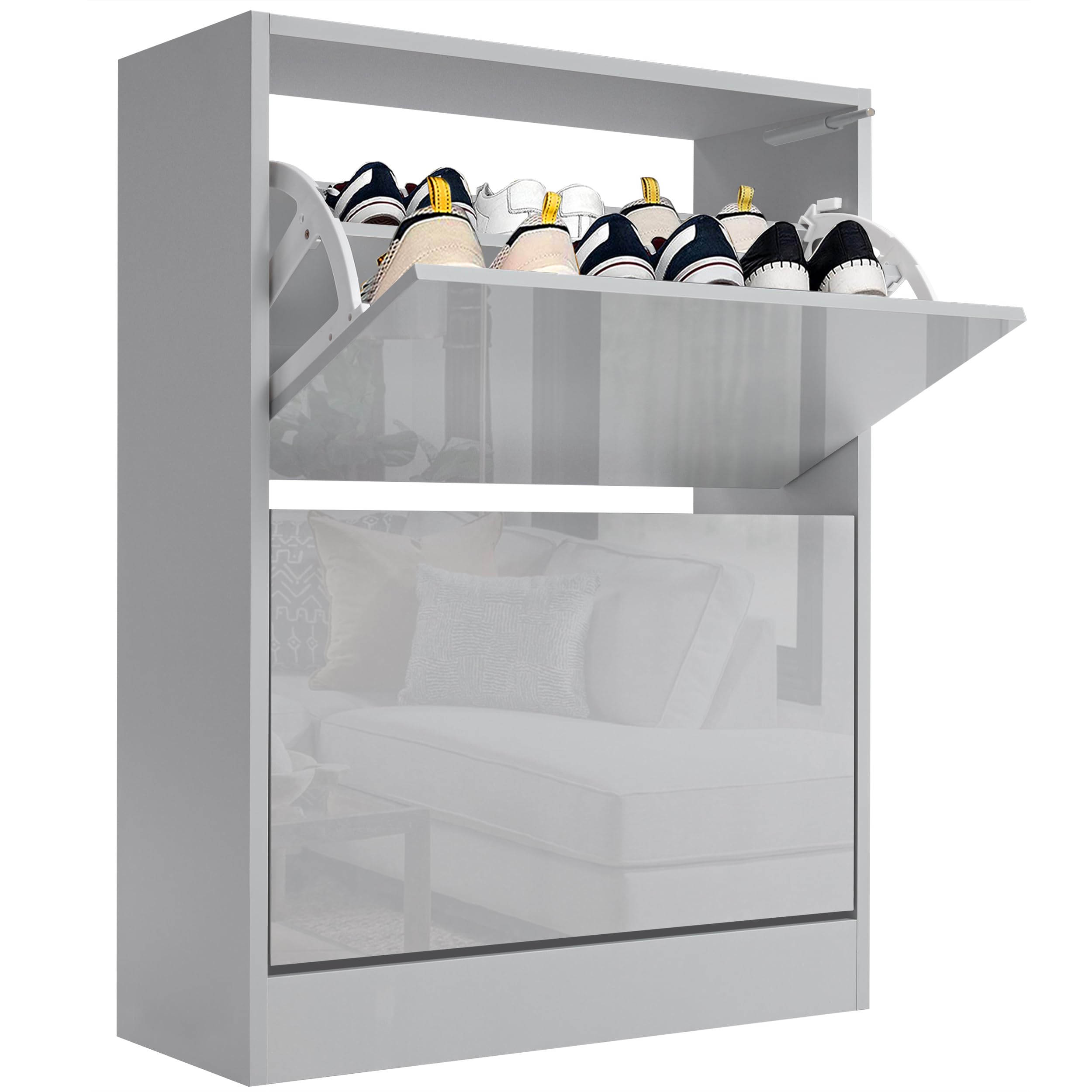 Blisswood High Gloss 2 Drawer Shoe Cabinet Cupboard, Shoe Storage Organiser Freestanding 2 Tier Wooden Shoes Rack Cabinet Modern Footwear Stand For Hallway, Living Room Furniture (Light Grey)