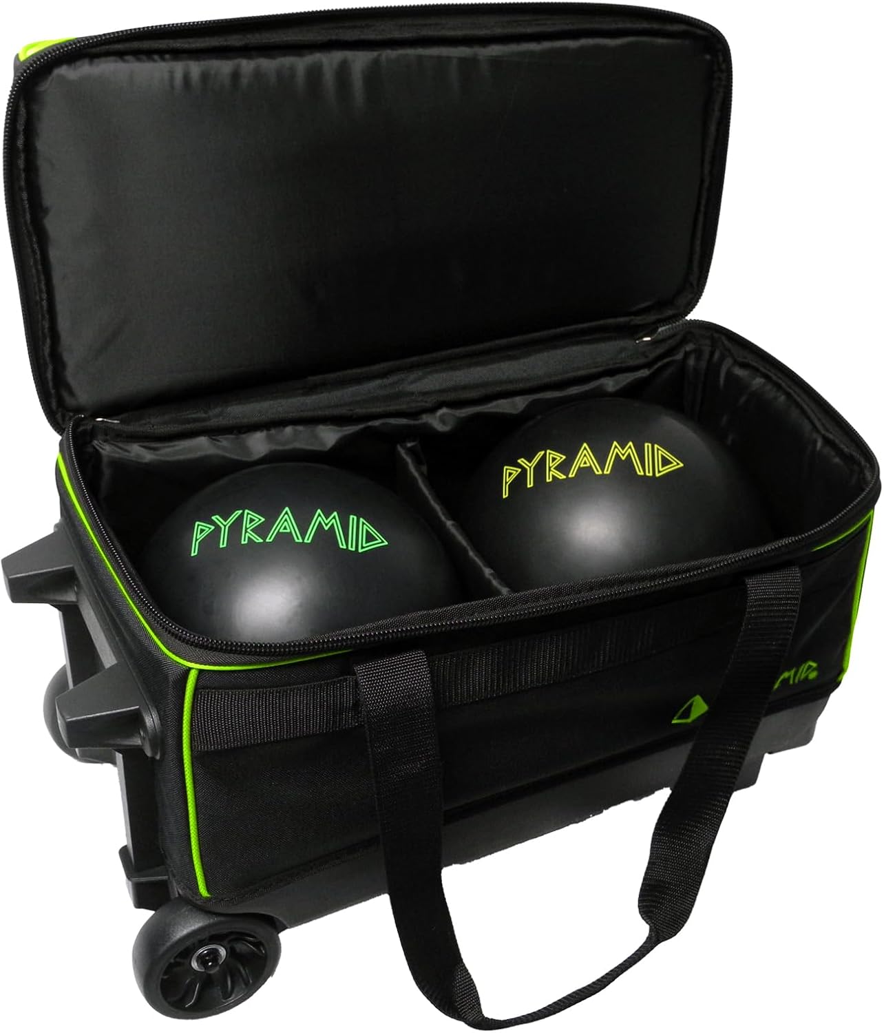 Pyramid Prime Double Roller 2 Ball Bowling Bag with Large Separate Compartment for Bowling Shoes (Up To US Mens Size 16) or Accessories, Locking Handle - Extends to 40"