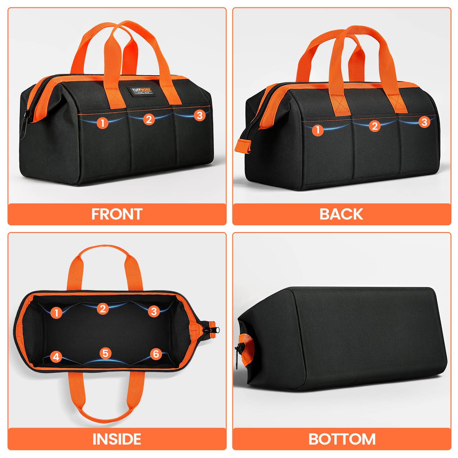TUFFWORX Wide Open Mouth Tool Bag, Multi-pockets Tools Storage Bag, Heavy Duty Tool Organiser with Handle, Black and Orange, 14 Inch - Image 4