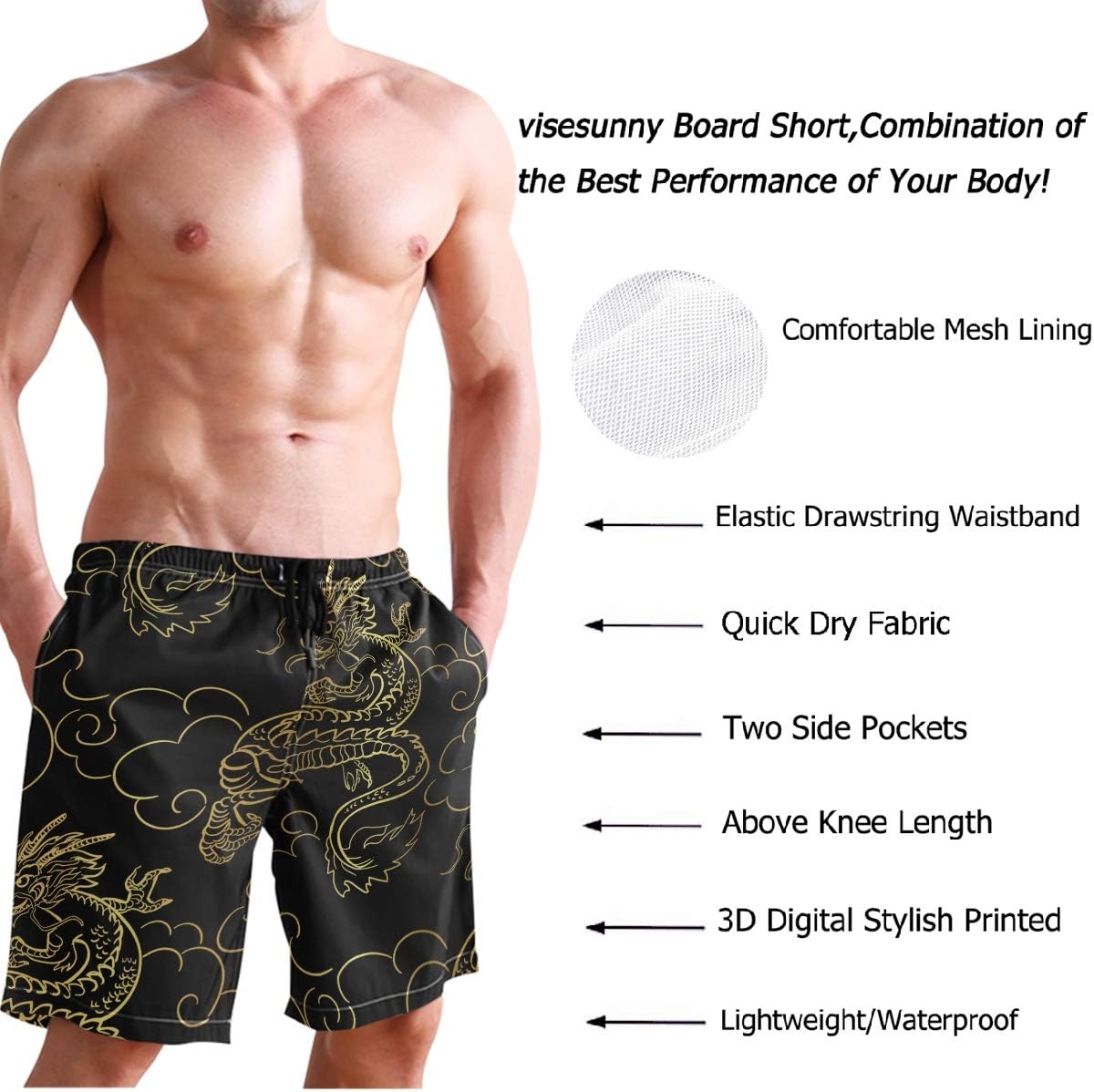 visesunny Men's Novelty Beach Shorts Quick Dry Swimwear Sports Running Swim Board Shorts Bathing Suits Mesh Lining