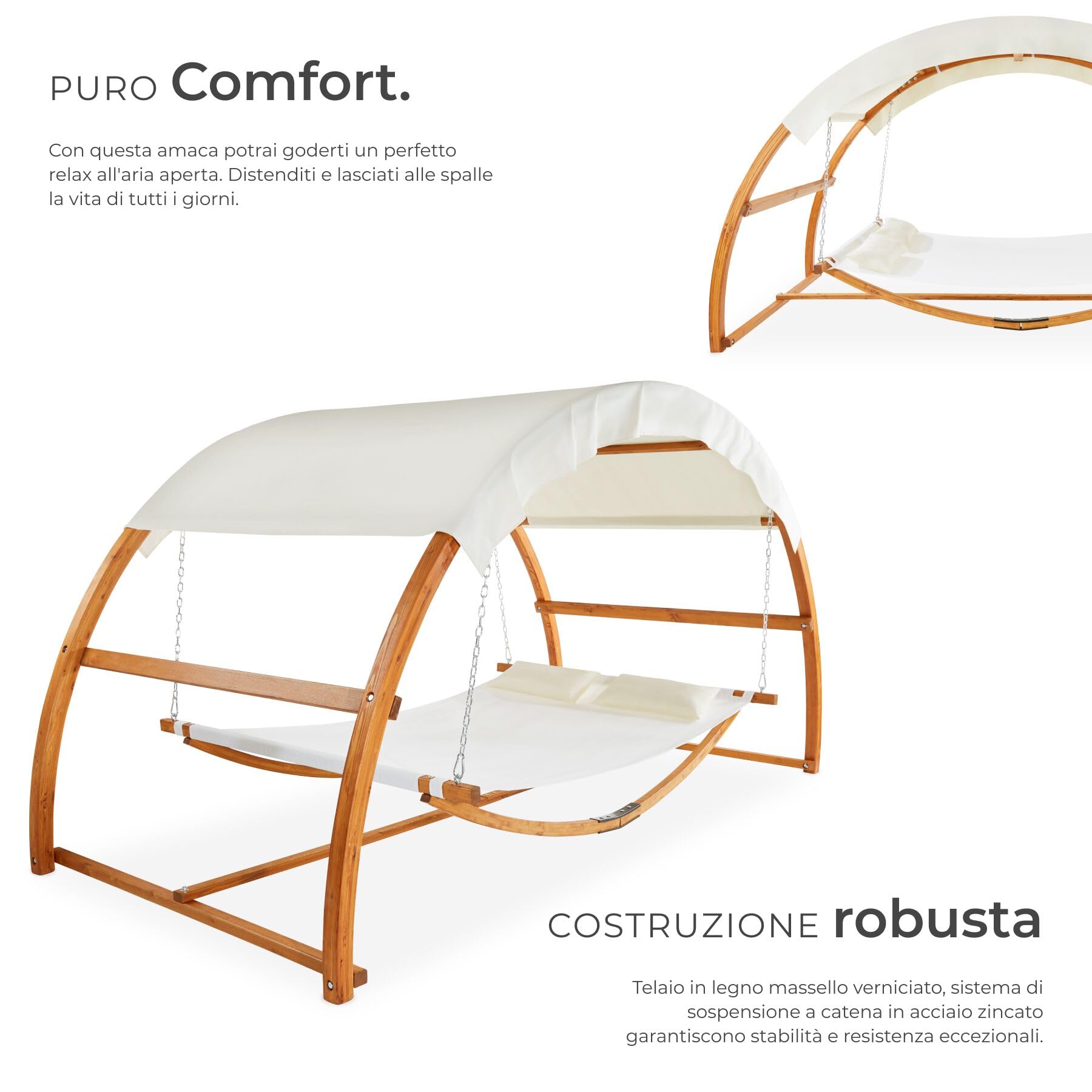 tectake® Amaca da Esterno per 2 Persone, Amaca XXL con Tettuccio Parasole, Struttura in Legno Robusta, Tessuto Traspirante e Idrorepellente, Inclusi Comodi Cuscini, Teak, 328 x 160 x 171,5 cm