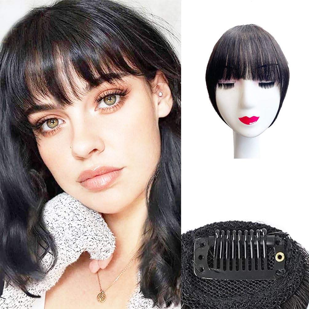 Swy Hair Bangs Hair Clip in Bangs 100% Real Human Hair Extensions Wispy Bangs Clip on Air Bangs for Women Hairpieces Curved Bangs for Daily Wear (Z-Brown Black