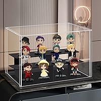 Vista 2 de LANSCOERY vitrina de acrílico transparente, soporte de 3 niveles con base negra, escaparate de protección a prueba de polvo para figuras