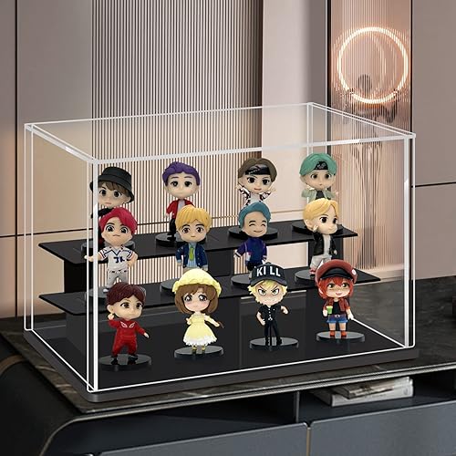 Miniatura 2 de LANSCOERY vitrina de acrílico transparente, soporte de 3 niveles con base negra, escaparate de protección a prueba de polvo para figuras