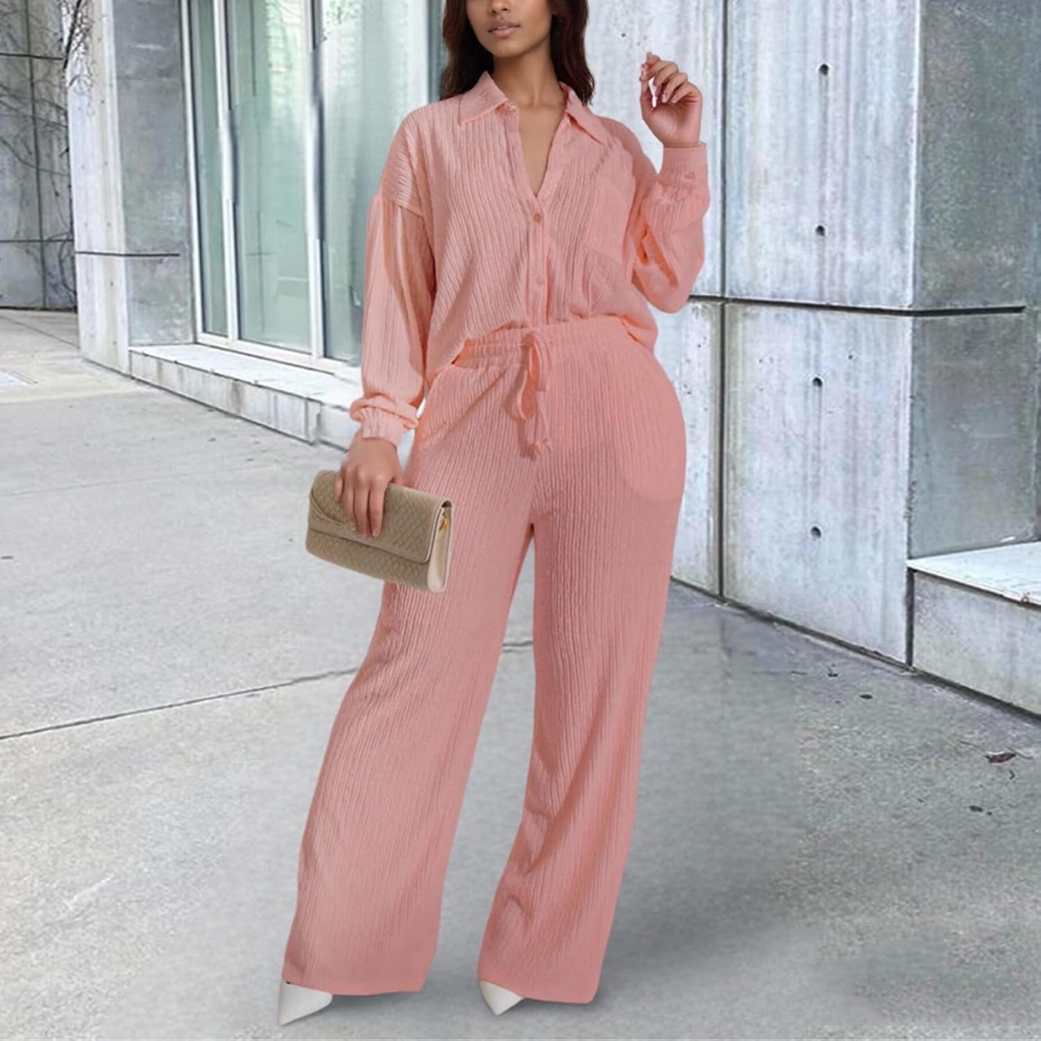 Elainone Women's 2 Piece Outfits Button-Down Shirt Long Sleeve and Flare Pleated Wide Leg Pant Sets With Pocket - Image 2
