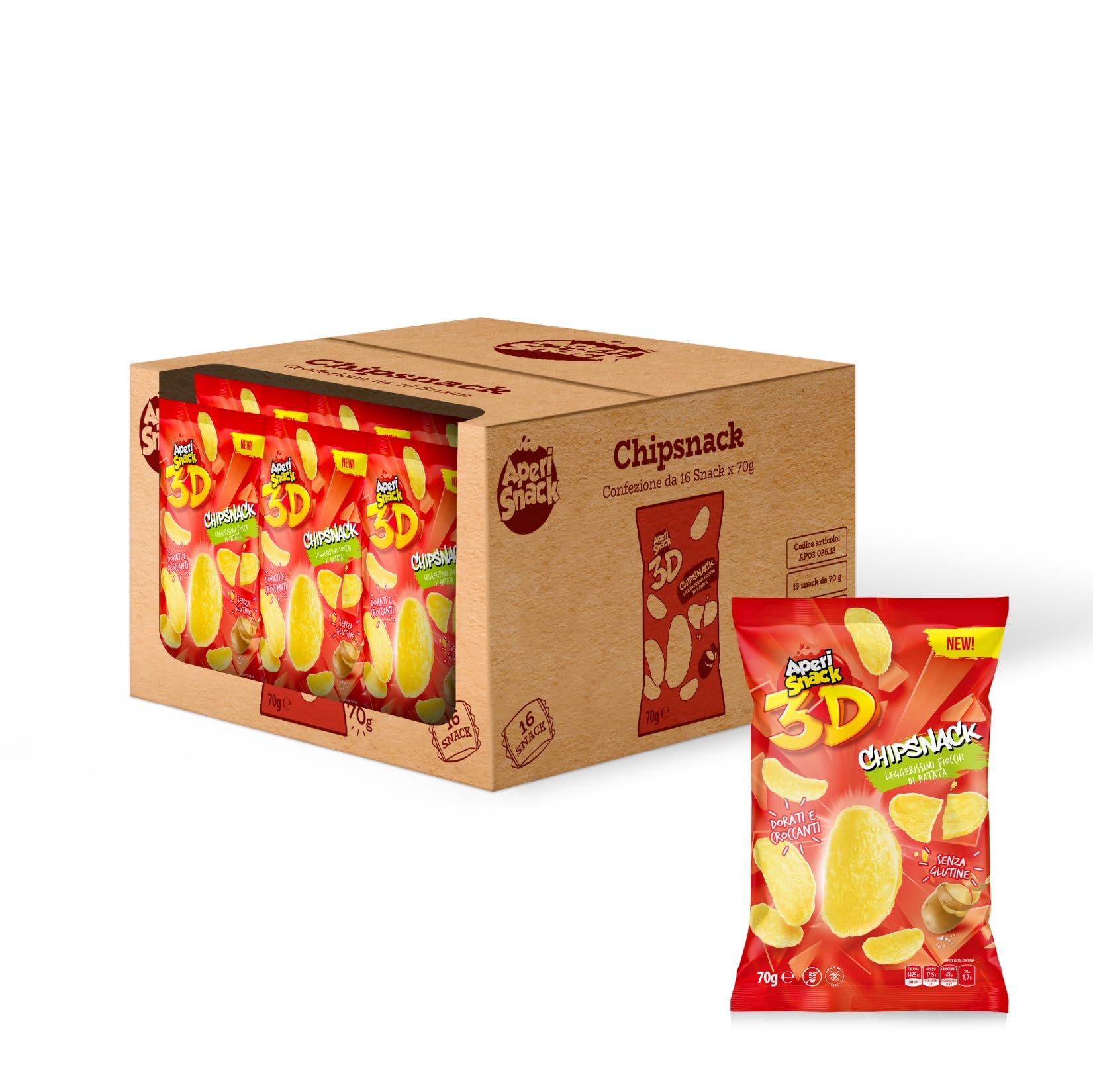 Aperisnack® - AP03.026.12 - Chipsnack fiocchi di Patata Linea 3D Retail Box 16pz busta 70g Formato Maxi