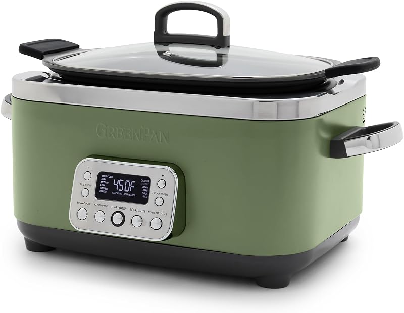 GreenPan Elite Olla de cocción lenta eléctrica antiadherente 14 en 1 de 6 cuartos de galón, olla de cocción múltiple de cerámica sin PFAS, dorado en olla, tapa apta para lavavajillas y vasija extraíble, vaporera de acero inoxidable, asas de silicona, verde salvia