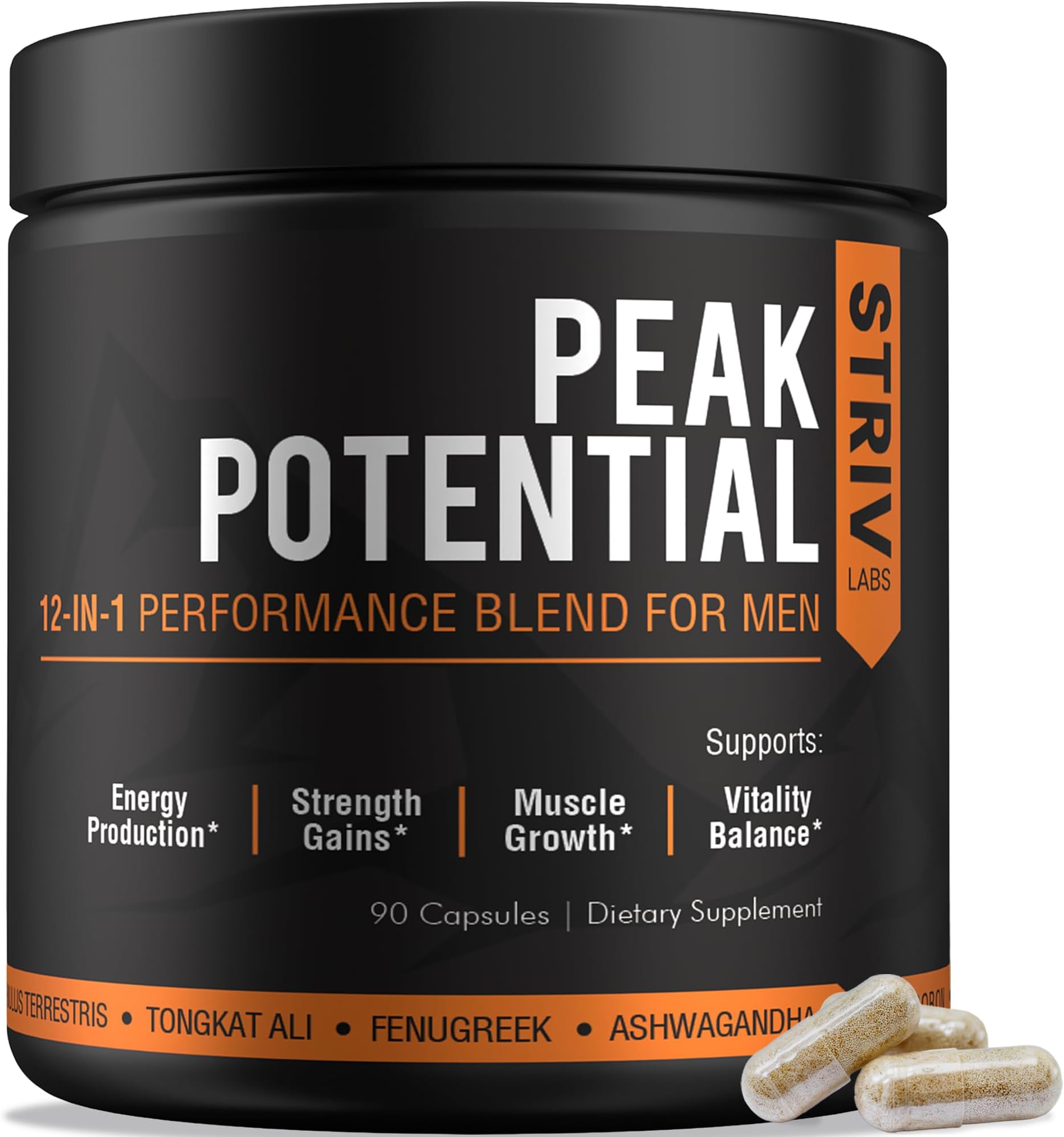 Peak Potential 12-in-1 Testosterone Support for Men – Fenugreek, Ashwagandha & Tongkat Ali – Natural Strength, Energy & Muscle Builder – 90 Capsules
