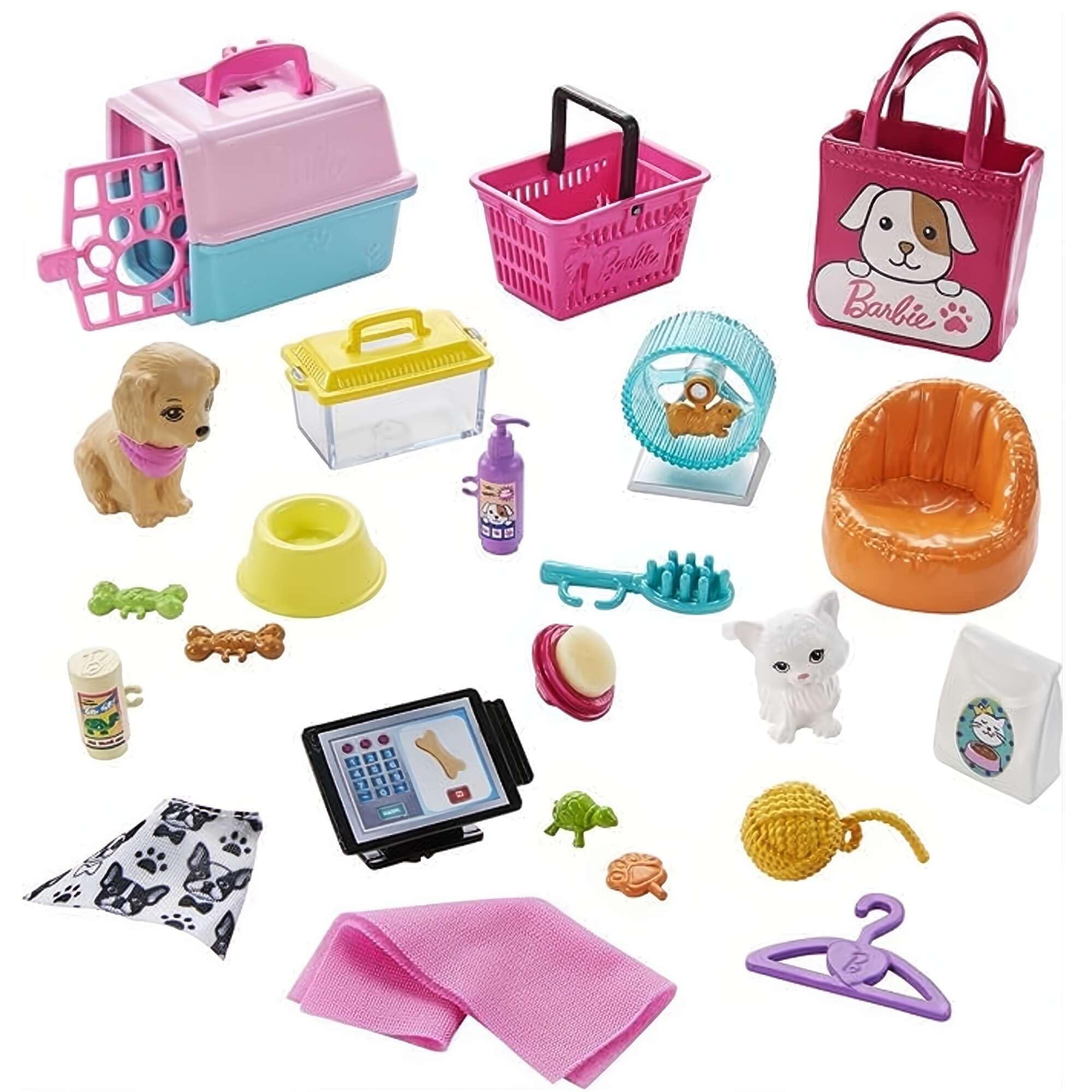 Barbie zestaw do pielęgnacji zwierząt, figurki lalek + akcesoria, 25 sztuk