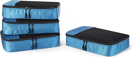 Amazon Essentials Set of 4 Travel Cubes Luggage Organizer with Double Zipper, Mesh Top, sky blue