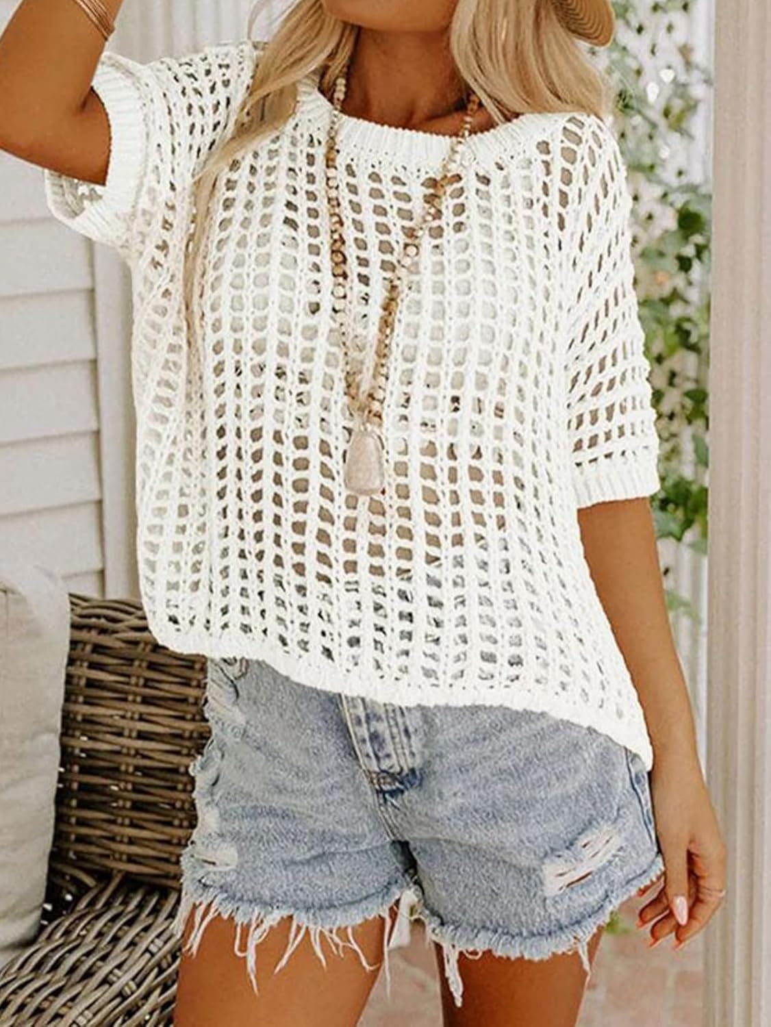 Chvity Women's Summer Crew Neck Short Sleeve Sweater Casual Off Shoulder Tops Hollow Out Crochet Coverups Pullover Knit Tops - Image 4