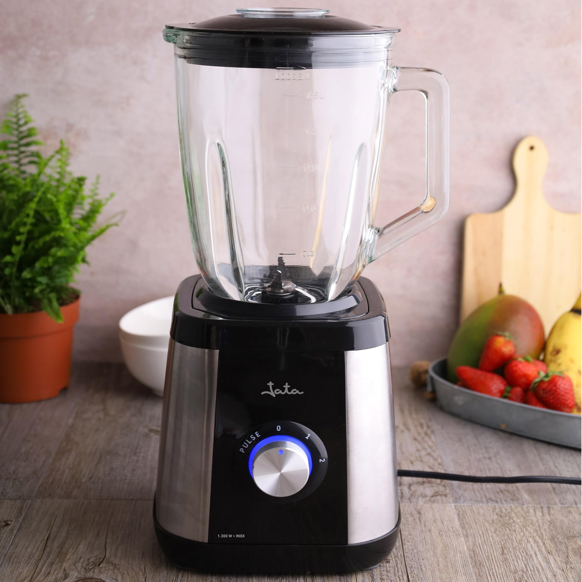 Jata BT604N - Batidora de Vaso 1300W con Jarra de Cristal 1,5L, Pica Hielo, 2 Velocidades + Pulse, Cuchilla Acero Inox, Cuerpo Acero Inoxidable, 17.000 RPM