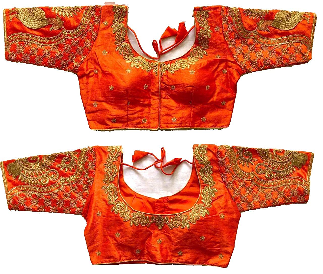MesmoreWomen's Orange Color Peacock Sleeves Design Heavy Work Readymade Blouse For Lehenga And Saree (Size 38+extra margin), Orange, 38