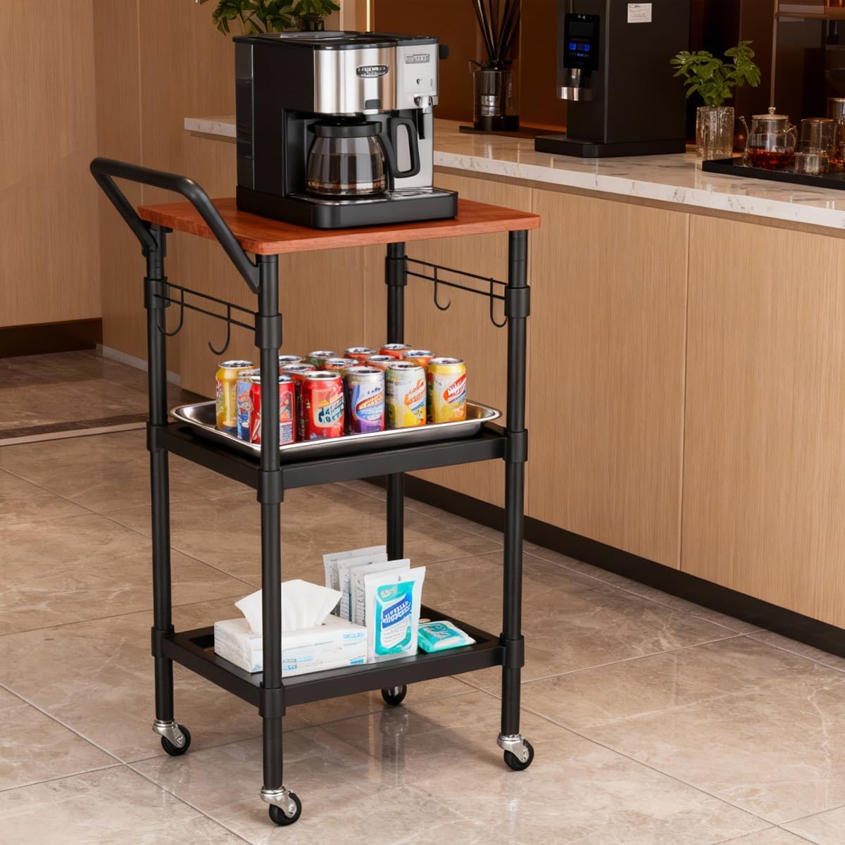 Small Kitchen Cart Adjustable-Height, 3-Tier Rolling Storage Organizer - Thick Shelves, Heavy-Duty Metal Frame & Wood Top, Handle Bar, for Kitchen, Office, Garage, 33.4"x13"x16"