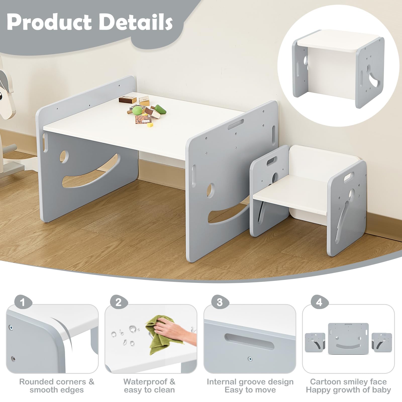FUNLIO Montessori Table Enfant avec 2 Chaises Ajustables en Hauteur pour 1-3 Ans, Gris Carré, Certifié CPC