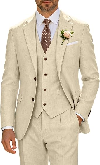 بدلة راقية من الكتان الرجعي للرجال بدلة زفاف غير رسمية للرجال Slim Fit 3 Pieces Jacket Blazer Vest Pant Groom Tuxedo