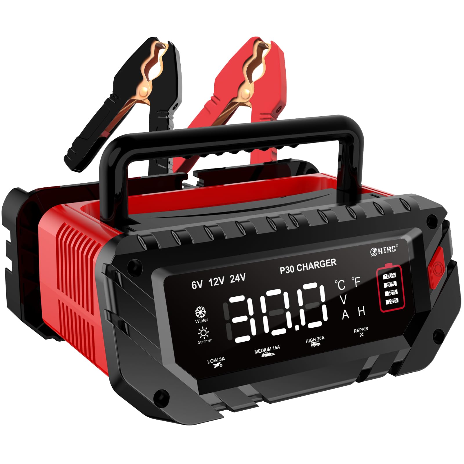 HTRC Cargador de batería de coche de 30 A, 6 V/12 V/24 V, mantenedor de batería, cargador de goteo y desulfatador de batería con pantalla LCD para barco, SUV, motocicleta, litio LiFePO4 y plomo-ácido