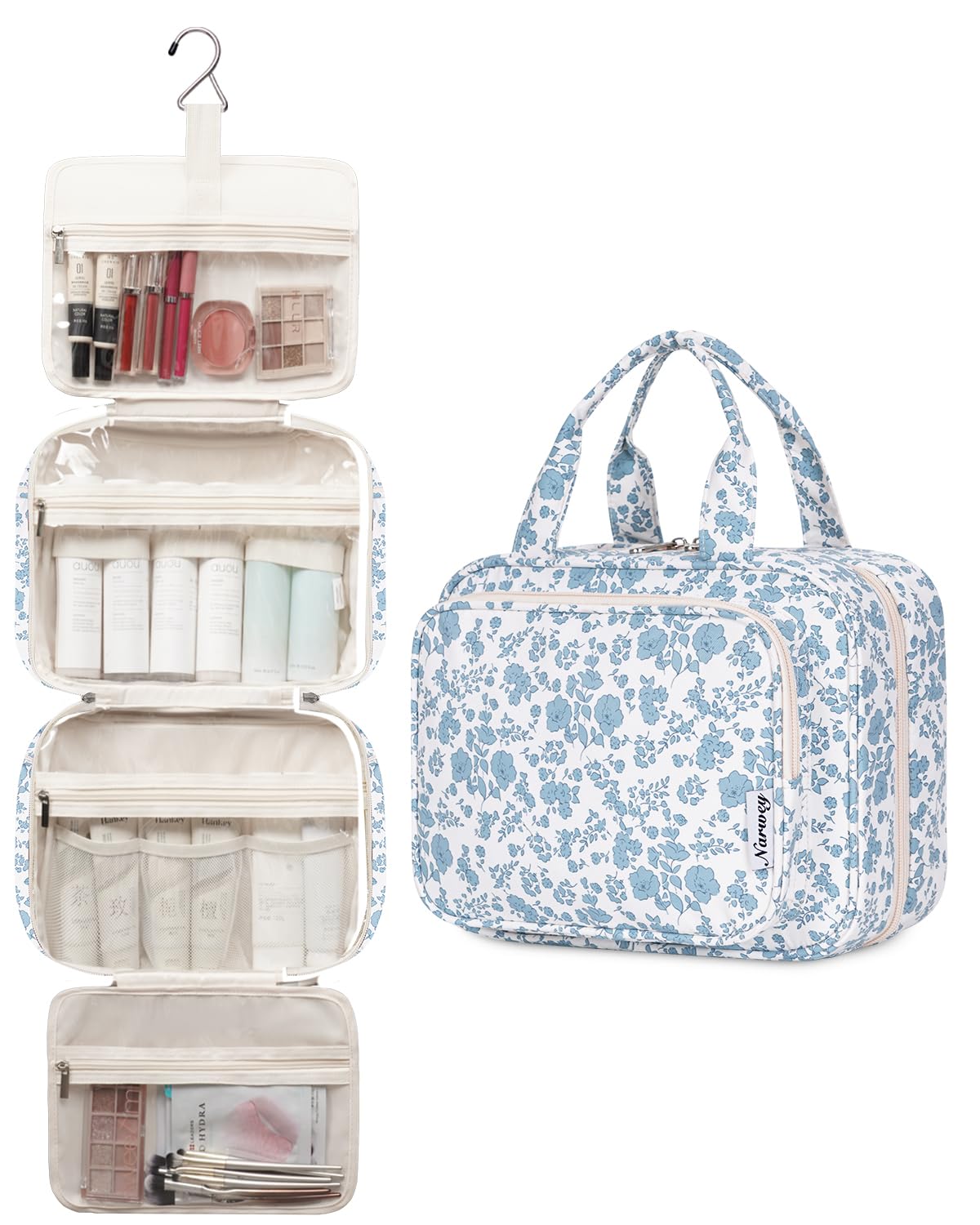 Narwey Large Hanging Travel Toiletry Bag for Women Wash Bag Cosmetics Makeup Bag Organizer for Full Size Accessories (Little Blue Flower (Large)) — view 2