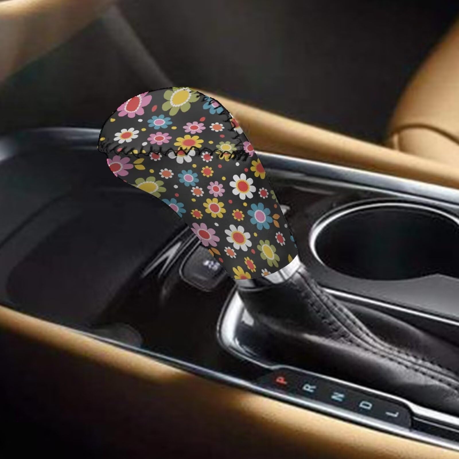 Buybai 2 Pack Set Floral Auto Handbrake Cover and Gear Shift Knob Cover Set Car Interior Decor Accessories, Hippie Daisy Print