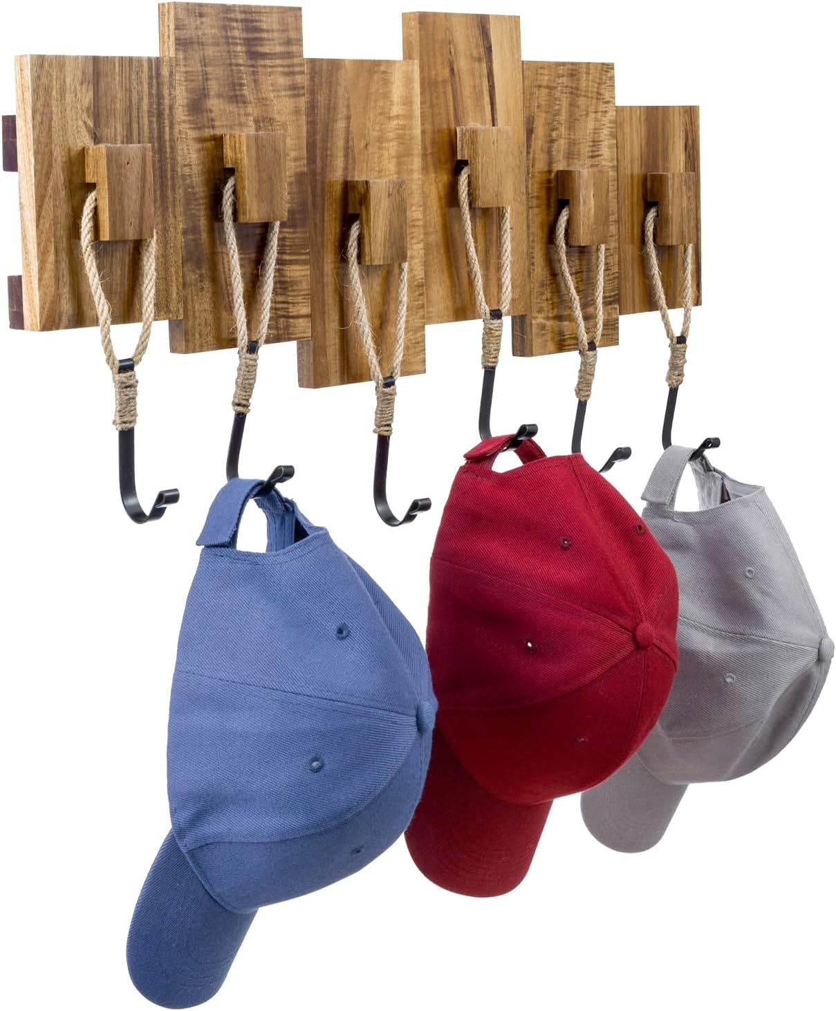 MyGift Wall Mounted Coat Rack, Premium Nautical-Style Wall-Mounted Acacia Wood Entryway Storage Rack with 6 Rope and Matte Black Metal Hooks
