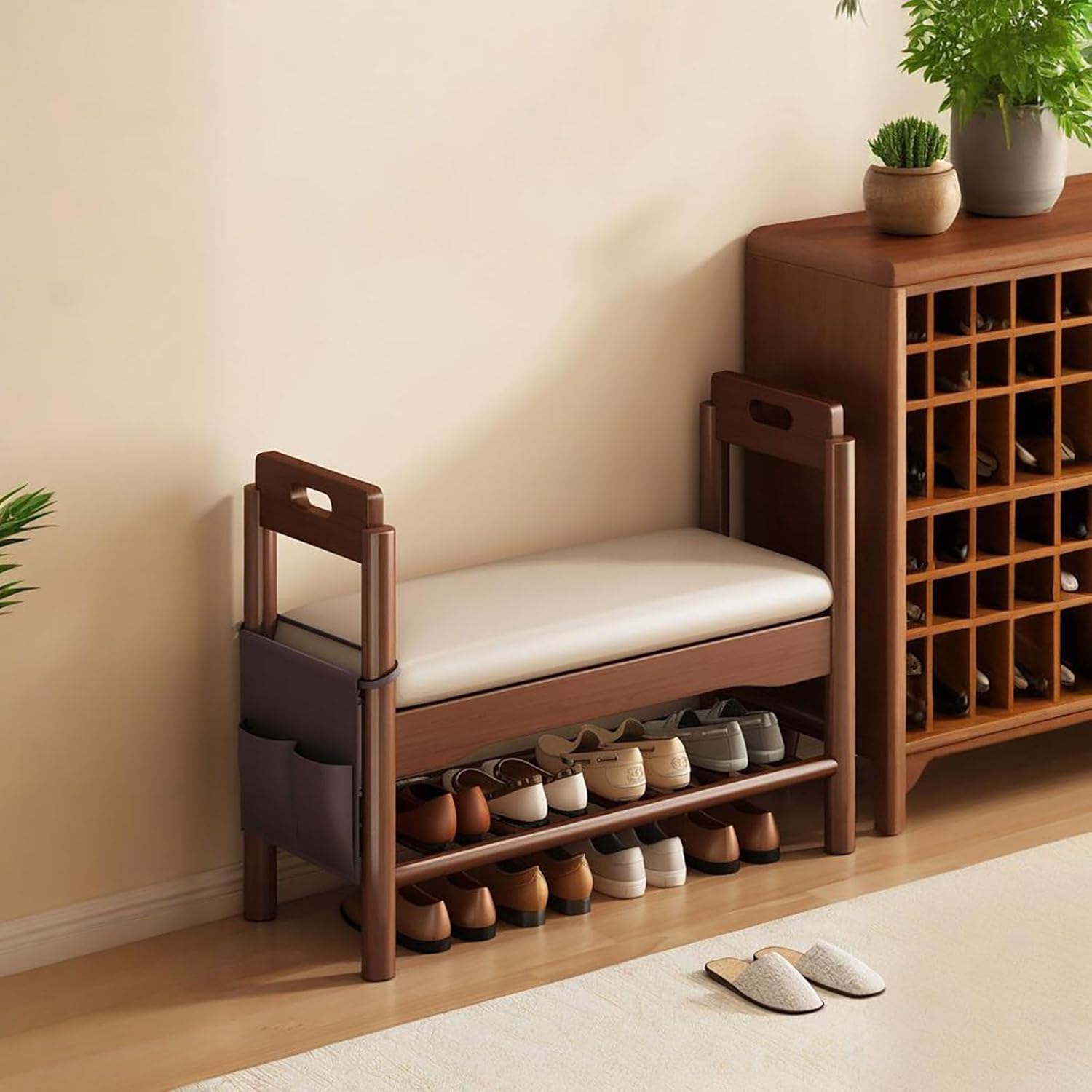 Wood Shoe Rack for Front Door Entrance with armrests Comfortable Bench with seat Large Capacity cuncu Double-Layer Storage Suitable for Entrance and Door A-17.7 * 11.8 * 25.2IN