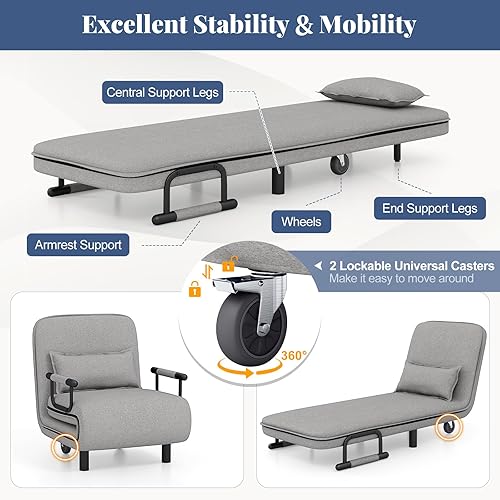 Miniatura 4 de Giantex Sofá cama convertible 3 en 1 plegable con respaldo ajustable de 5 posiciones, ruedas, 2 patas, tumbona reclinable con almohada, sillones