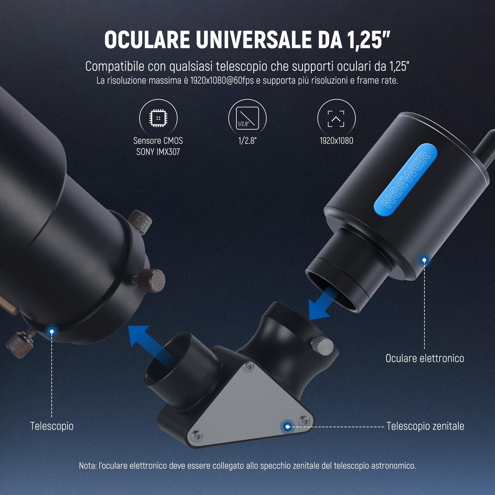 Oculare WiFi Tosuny Per Telescopio E Microscopio | Schermo 2.8", Sensore 2MP CMOS, Video 1080p, Batteria 650mAh, Per Astrofotografia