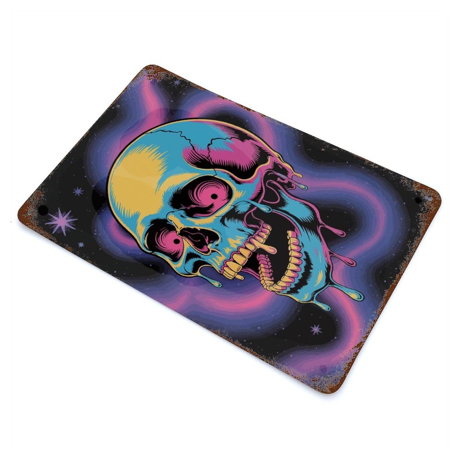 Vintage Metal Tin Sign Psychedelic Skull in Space 11.8"x7.9", Industrial Home Decor for Farmhouse, Kitchen And Entryway Decor