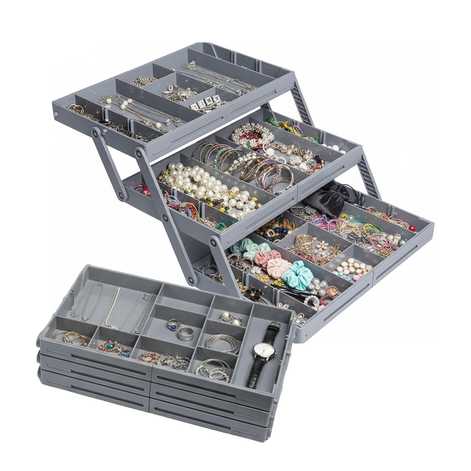 Wintem - 3 Tier Expandable Drawer Organizer with Modular Compartments, Perfect as a Jewellery Stand, Makeup and Accessories Organiser, Foldable Design, Space Saving