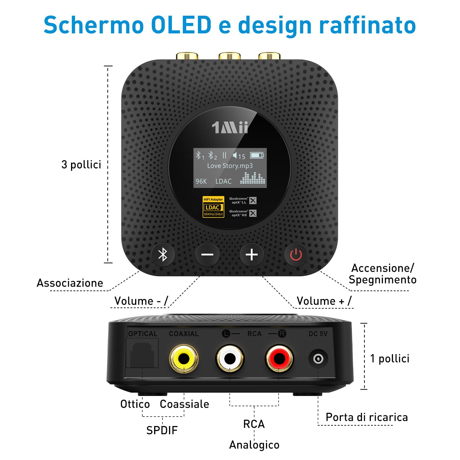 1Mii B06HD+ Ricevitore Bluetooth HiFi, Adattatore Audio Bluetooth 5.3 con DAC Audiophile, LDAC, aptX HD/Bassa Latenza, Controllo Volume, Display OLED per Stereo/Amplificatore, Uscita RCA/OPT/COAX