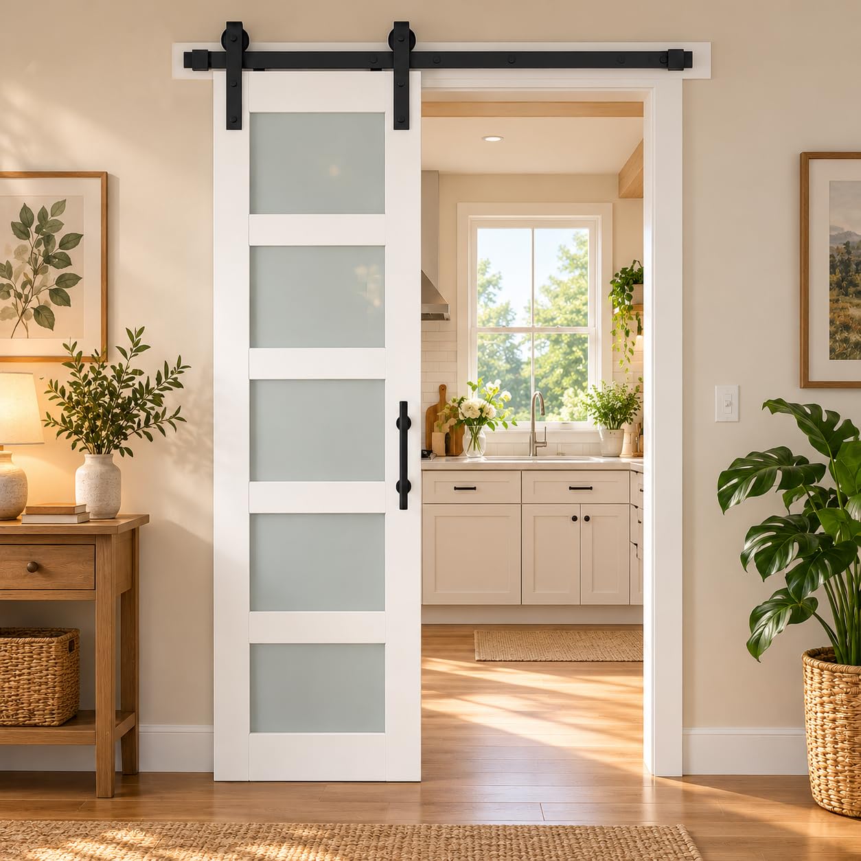S&amp;Z TOPHAND® 21in x 84in Glass Sliding MDF Barn Door with Sliding Door Hardware Kit, 5 Tempered Frosted Glass, Slab Inside Covered with Water-Proof PVC Surface, Simple DIY Assembly