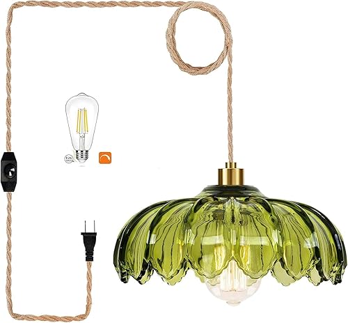 Miniatura 10 de Lámpara Colgante con Enchufe Luces Colgantes con Cable de Enchufe Lámpara Colgante de Vidrio Vintage Dorada Regulable Lámpara de Techo Floral