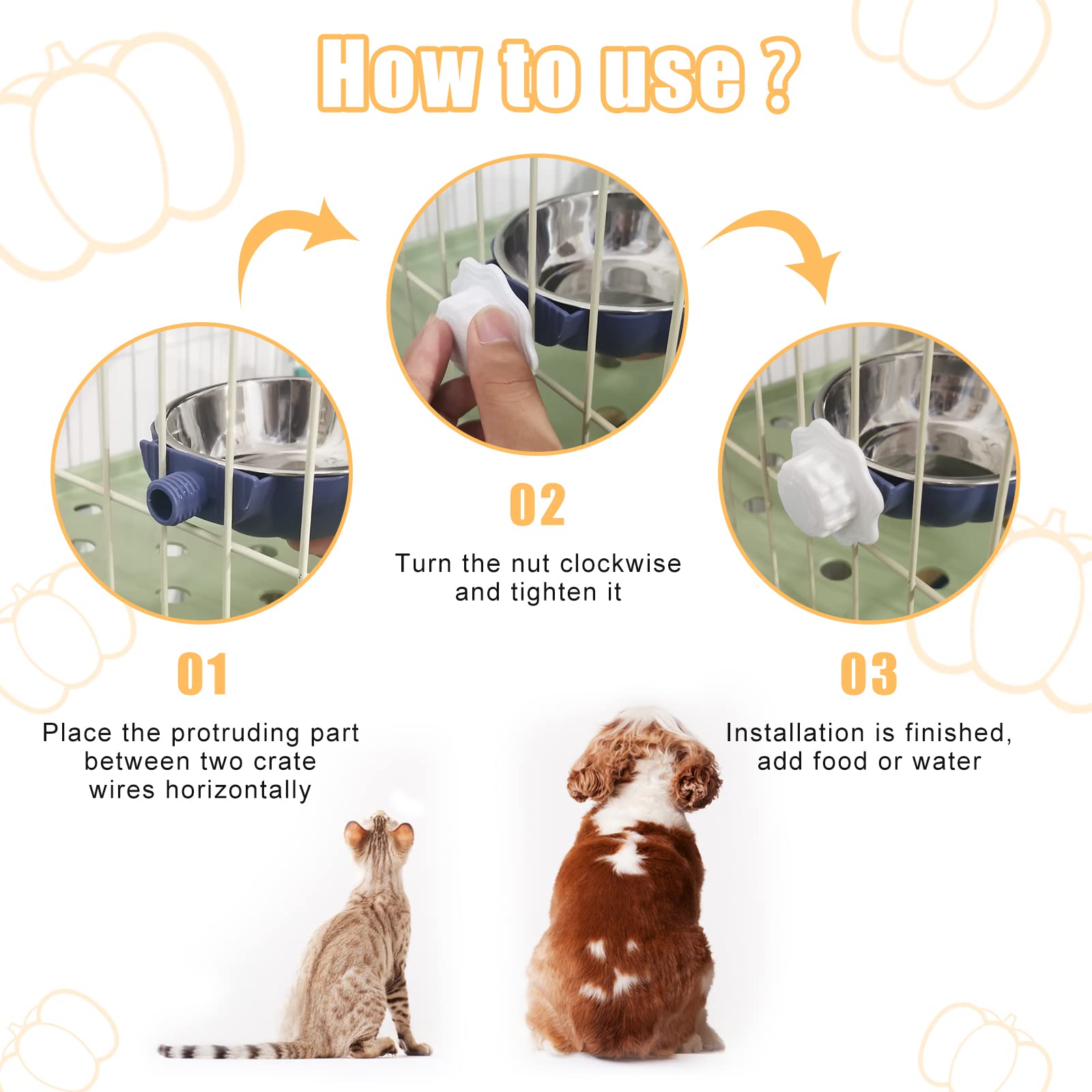 MultiValue 2-in-1 Pet Crate Bowl for Crates Cages Removable Crate Water Bowl Creative Cute Pumpkin Stainless Steel Pet Hanging Bowl Small Cage Dog Bowl for Cats Rabbits (Blue) - Image 4