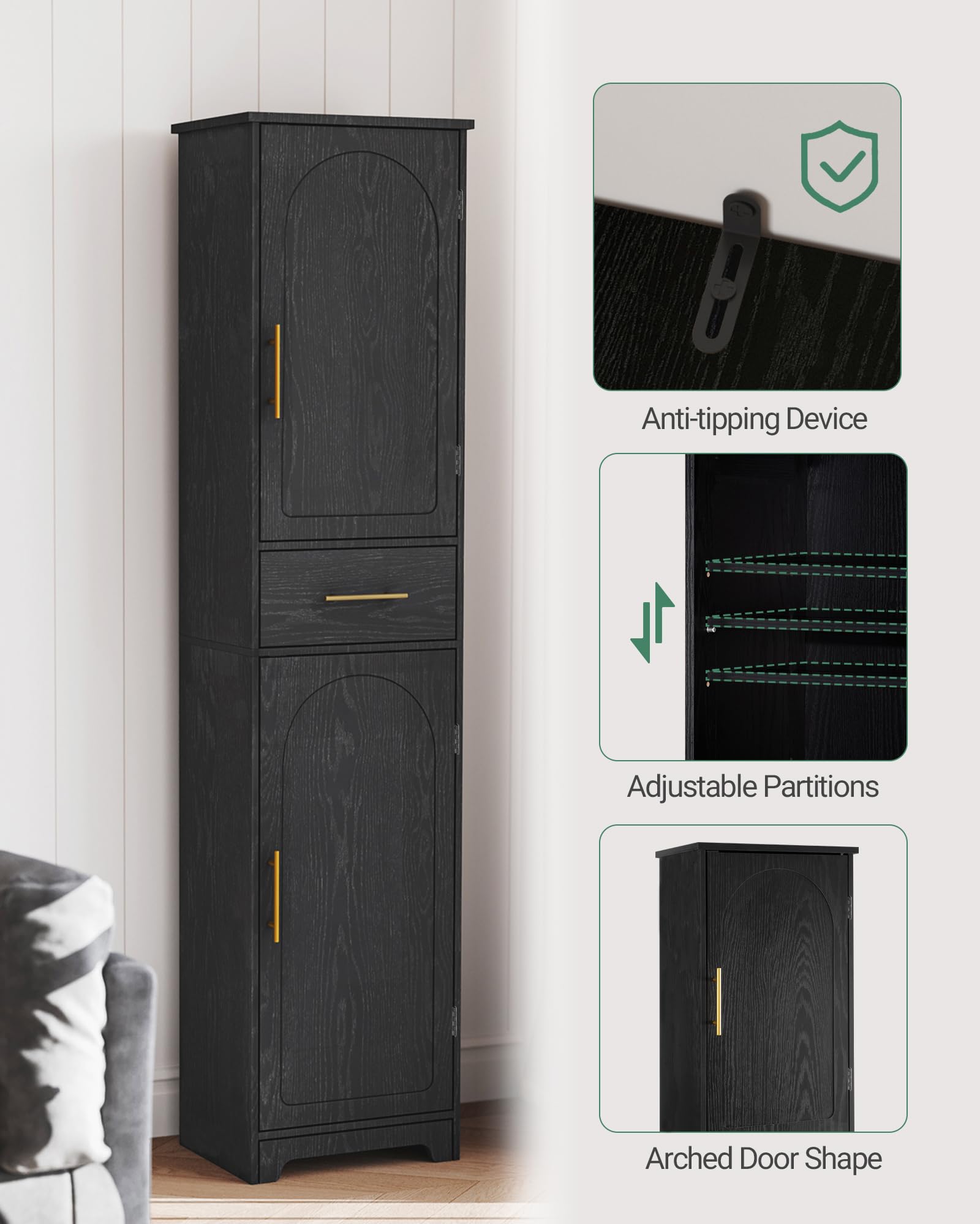 Hzuaneri Mobile da Bagno, Mobile Portaoggetti con Cassetto, Ripiani Regolabili, 30 x 40 x 170 cm, Armadio Alto e Stretto, per Soggiorno, Camera da letto, Cucina, Corridoio, Nero SC18304X