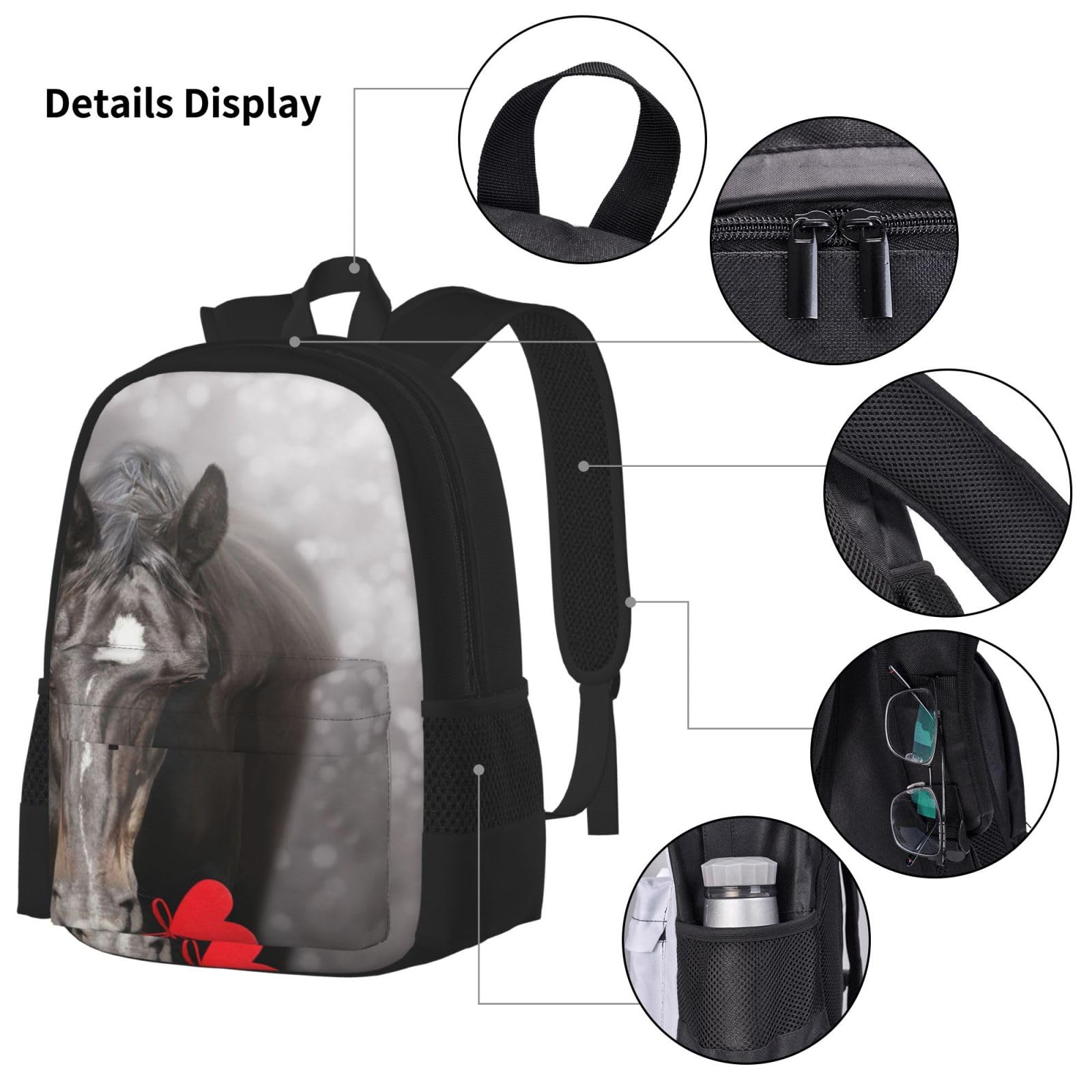 YSOLDA Juego de mochila, mochila escolar, mochila, juego de 3 piezas con bolsa de almuerzo, estuche para lápices,Caballo negro con corazón