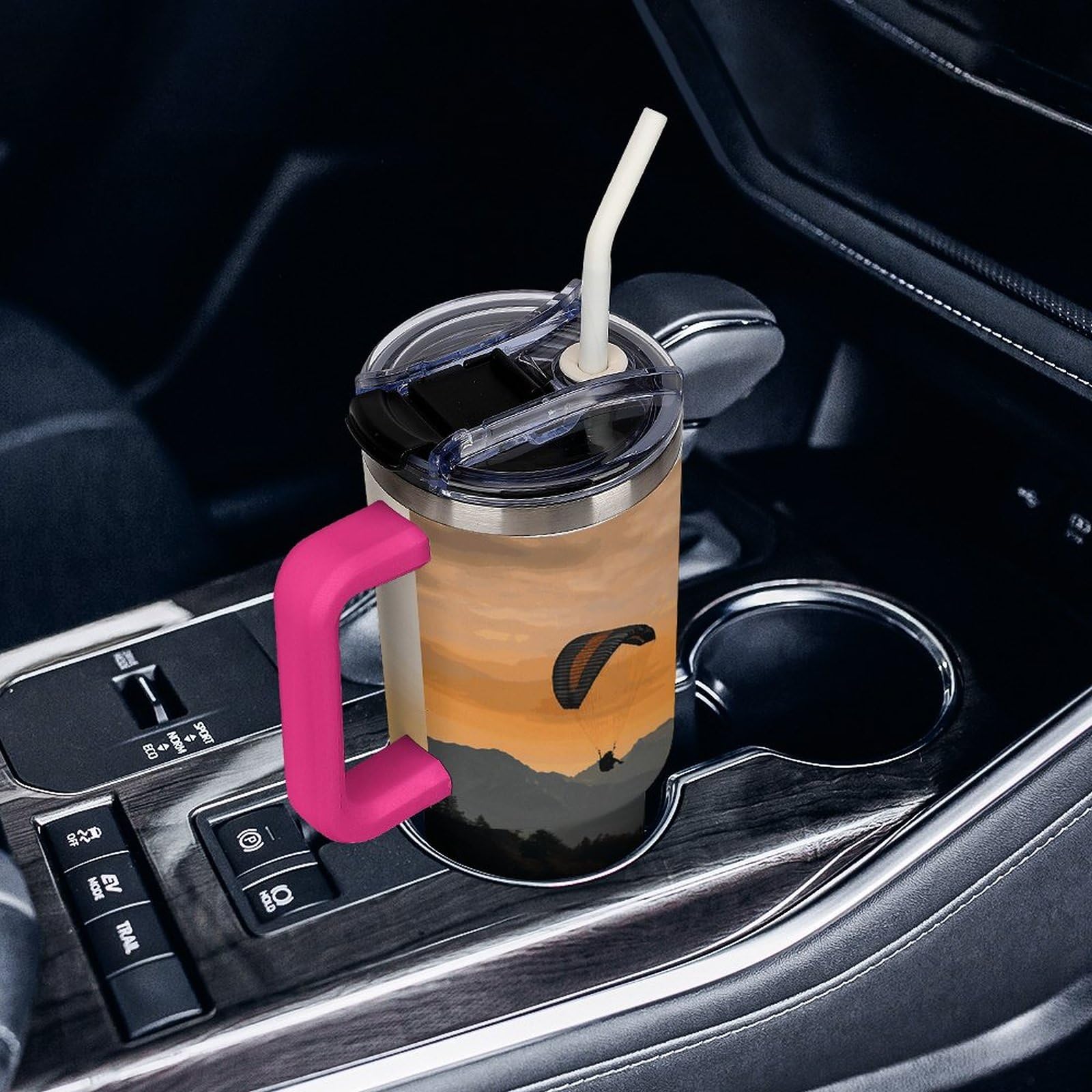 Autobecher aus 304 Edelstahl, Fallschirmbecher mit Strohhalm und auslaufsicherem Deckel, großes Fassungsvermögen, vakuumisolierter Reisebecher für Auto-Becherhalter, 1,2 l