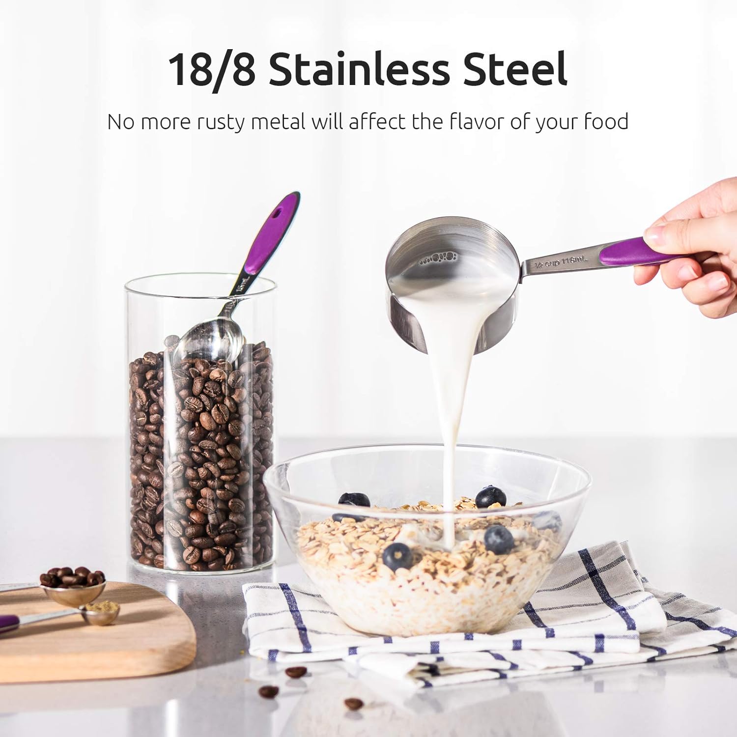 U-Taste 18/8 Stainless Steel Measuring Cups and Spoons Set of 10 Piece, Upgraded Thickness Handle and 1.5oz Heat Resistant Angled Turkey Baster with Cleaning Brush for Cooking Basting (Purple)