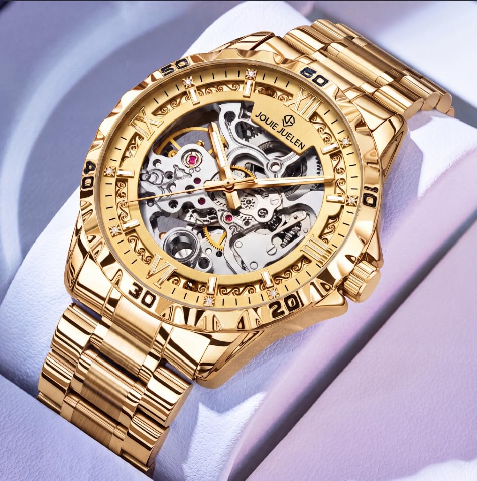 Image of Skeleton Automatic Mechanical Watch Mens Business Luxury Gift Steel Band | Stainless Steel Waterproof Male Golden Wristwatch Luminous Markers & Hands Hardlex Mirror Butterfly Double Button