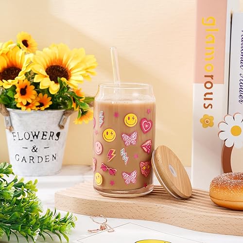 Miniatura 3 de Whaline Lata de vidrio preppy Face Star Lightning Lips - Vasos de cerveza de 16 onzas, vasos para beber bohemios, taza de café helado transparente