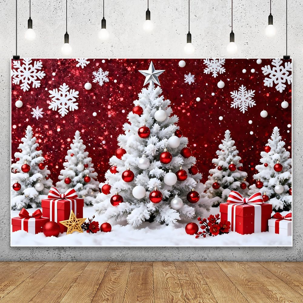 Sfondo per feste di Natale e Capodanno per servizi fotografici 3.5x2.5m | Sfondo fotografico con albero di Natale bianco e fiocchi di neve, decorazione per feste, striscione, accessorio per foto