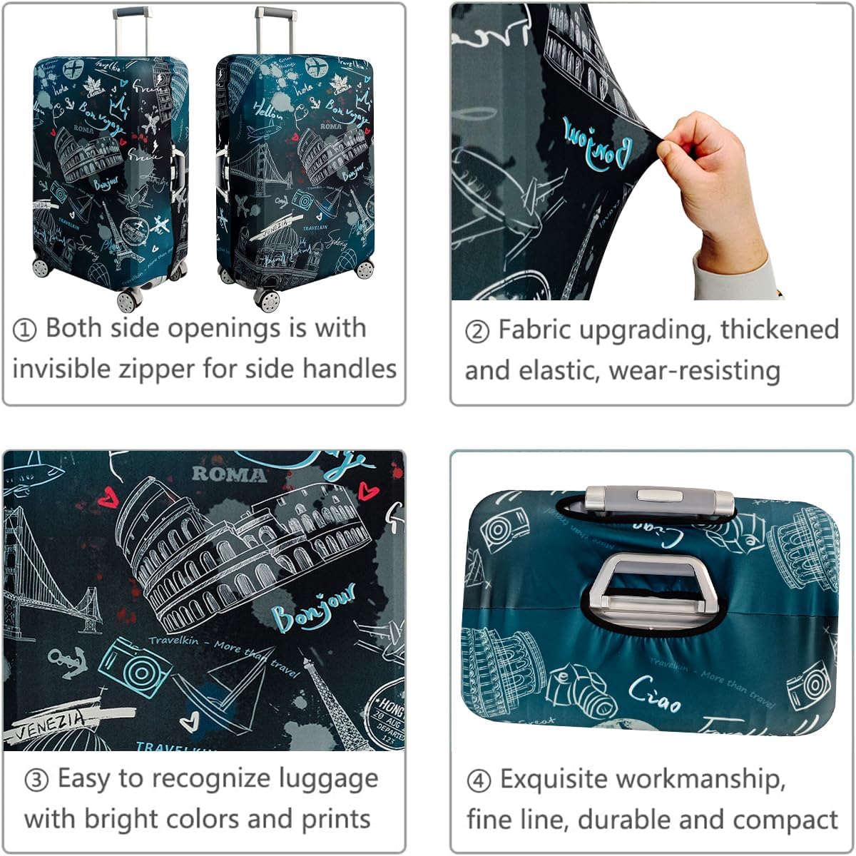 fancyfree Luggage Cover Washable Suitcase Protector Anti-scratch Suitcase cover (Travel Graffiti, XL(29"-32" luggage))