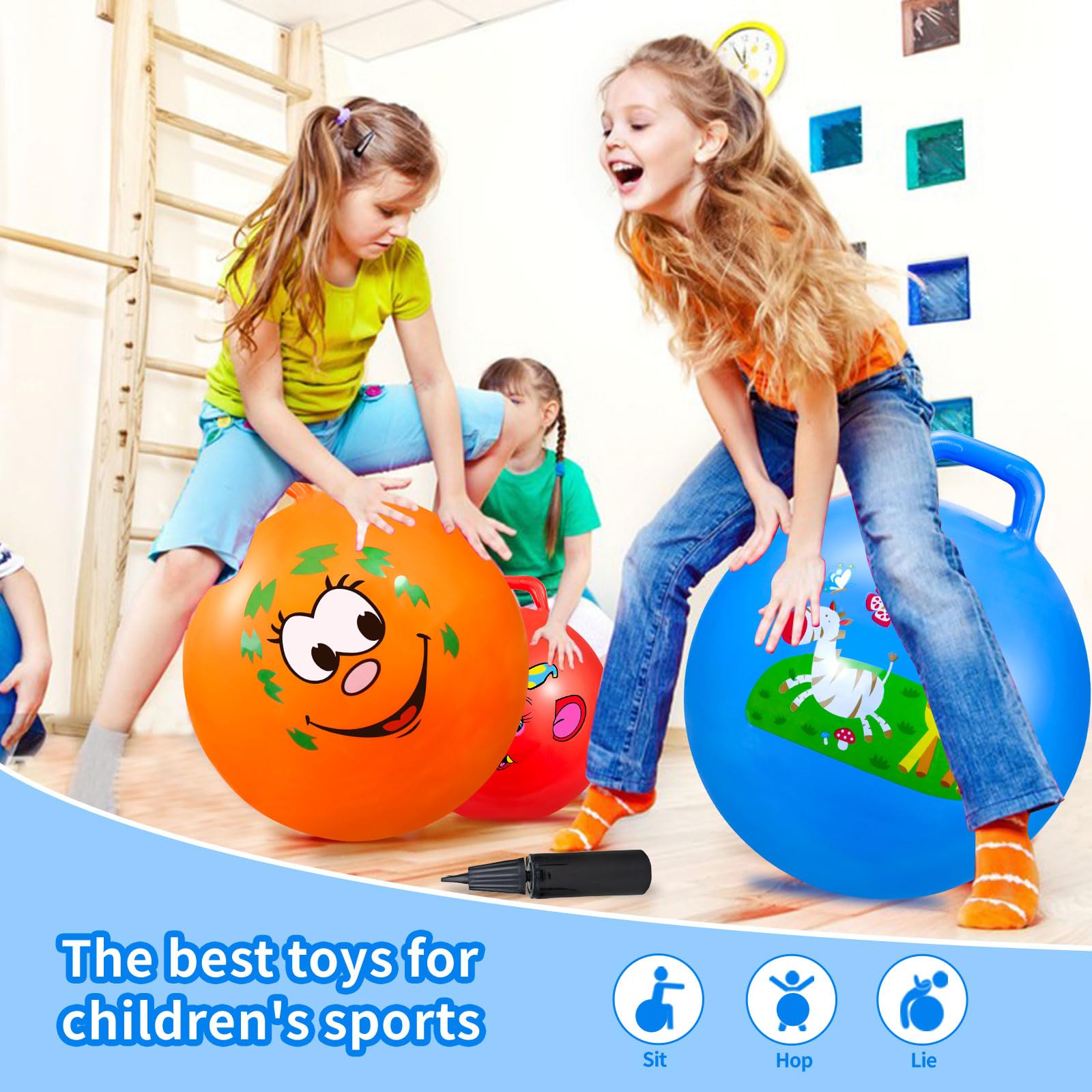 Hüpfbälle mit Griff für Kinder, 3, 4–8, 3 Stück, Hopper-Ball mit Luftpumpe für Kinder, Springen, Sport, Reitspiele, Balance-Übung, Indoor-Outdoor, lustiges Spielzeug