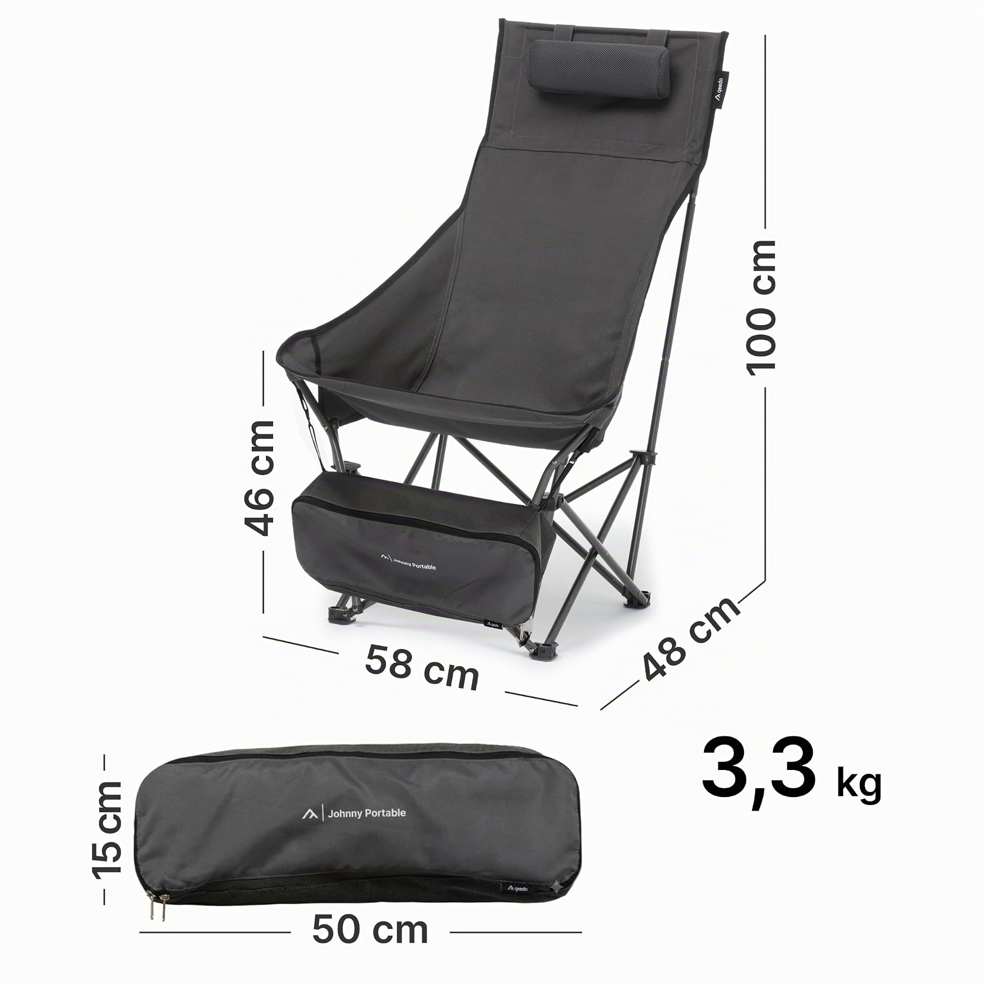 qeedo Johnny Portable (Schnellaufbau) Bequeme Sitzhöhe, Hochlehner mit Kopfstütze, Campingstuhl faltbar, kleines Packmaß Sport & Freizeit