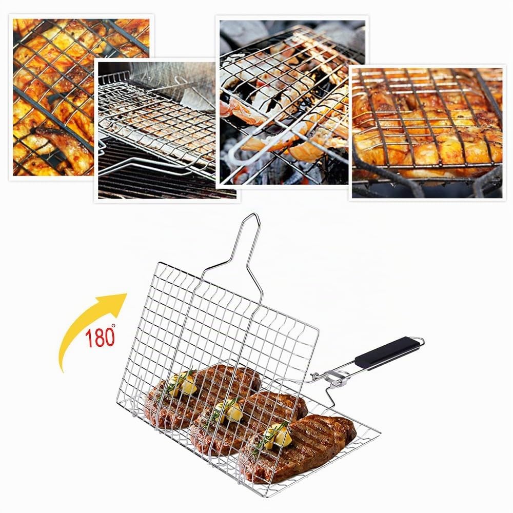 Parrilla plegable de acero inoxidable con mango extraíble para parrilladas al aire libre, pescado y verduras, caja