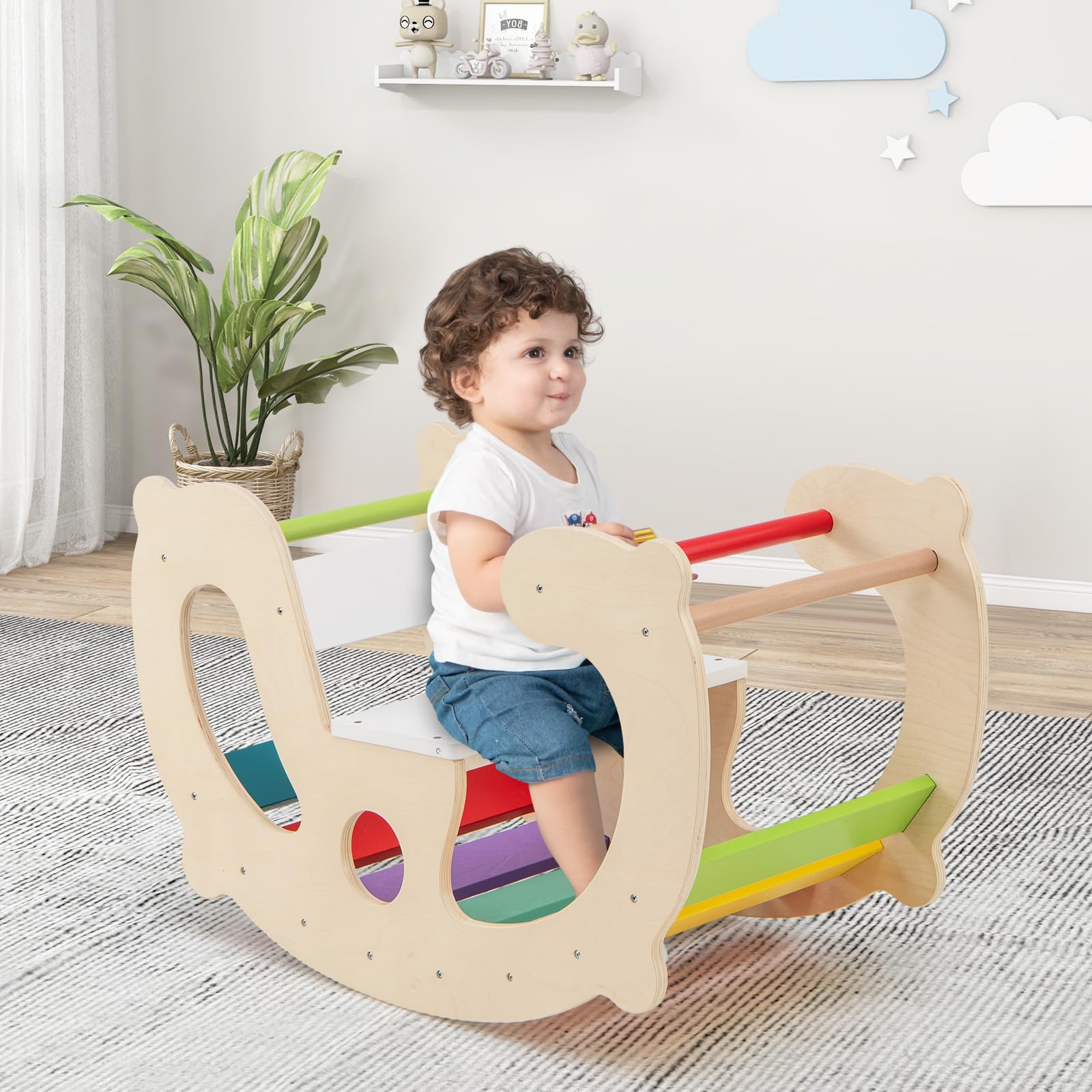 COSTWAY 2 in 1 Arco da Arrampicata per Bambini, Arrampicata ad Arco con Dondolo Schienale e Sedile, Cavallo a Dondolo in Legno per Bambini 1 Anni +