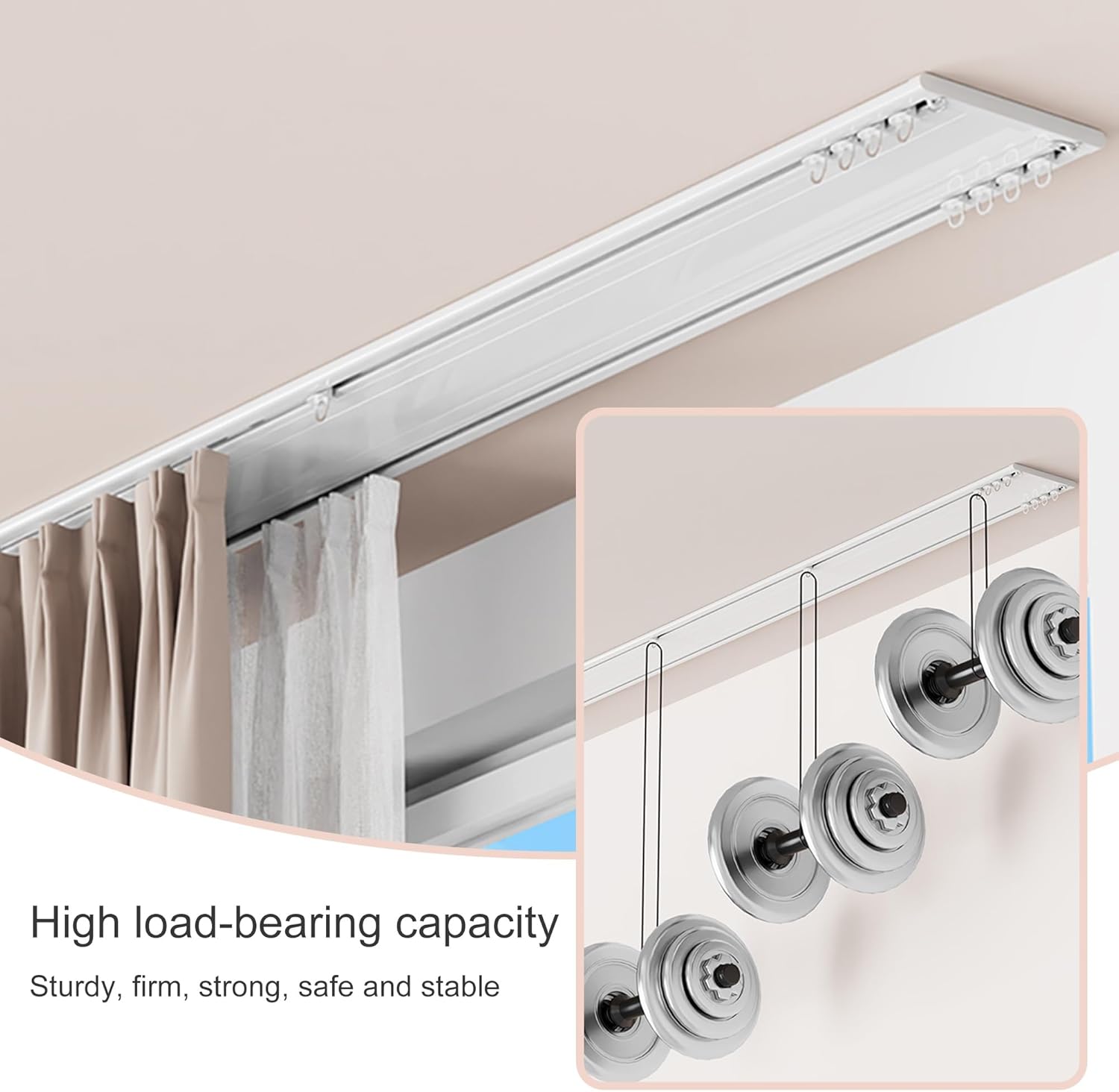 Ultra-Slim Double Curtain Track System 6mm Concealed Ceiling Curtain Rail with Silent Gliders for Window, Bedroom, Living Room, Hotel, Divider(Silver gray,1.5m/4.9ft)