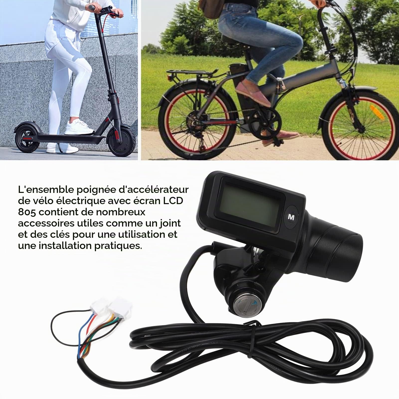 Alomejor Ensemble de Poignées D'Affichage pour Vélo électrique, Poignée D'accélérateur Torsadée avec écran LCD 805 pour Vélos électriques, Scooters avec Affichage des Données