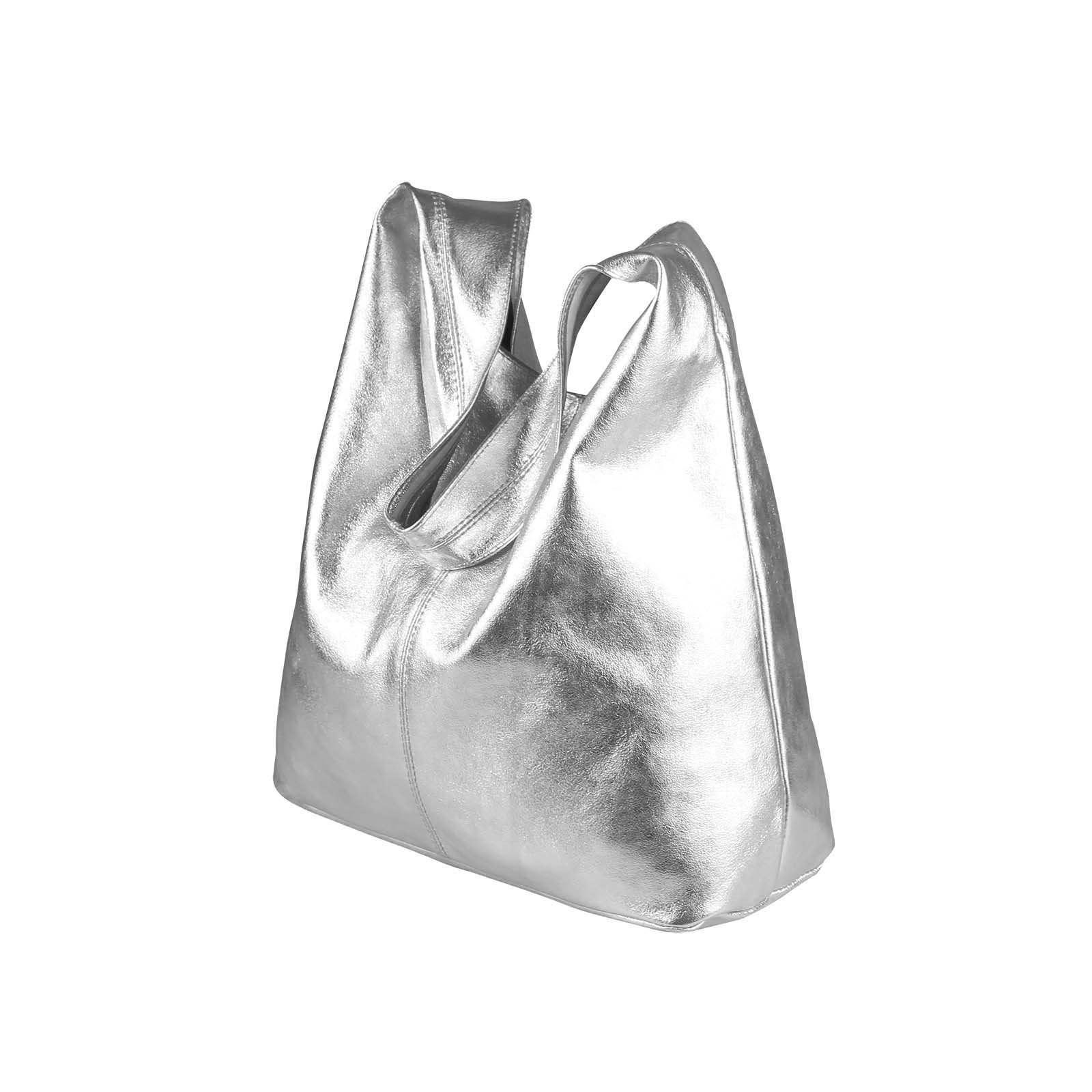 OBC Made in Italy - Bolso de mano de piel para mujer, color plateado, plata, ca.: 43x32x17 cm (BxHxT)